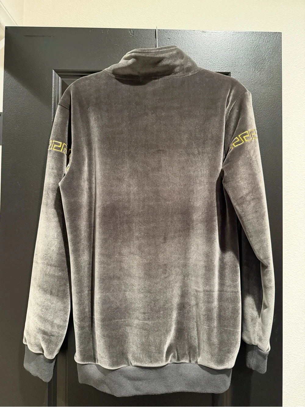Gray Velour Zip-Up Jacket with Gold Trim